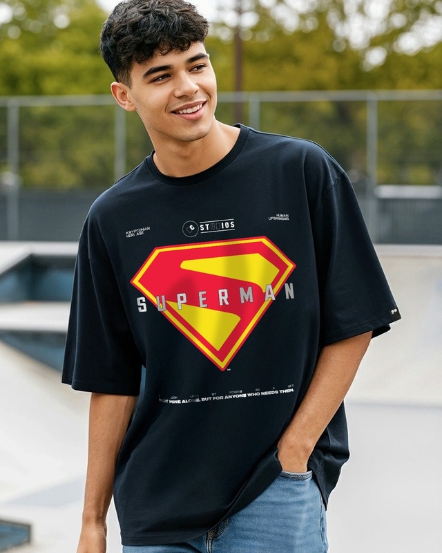 Shop Men's Navy Blue New Gen Graphic Printed Oversized T-shirt-Front