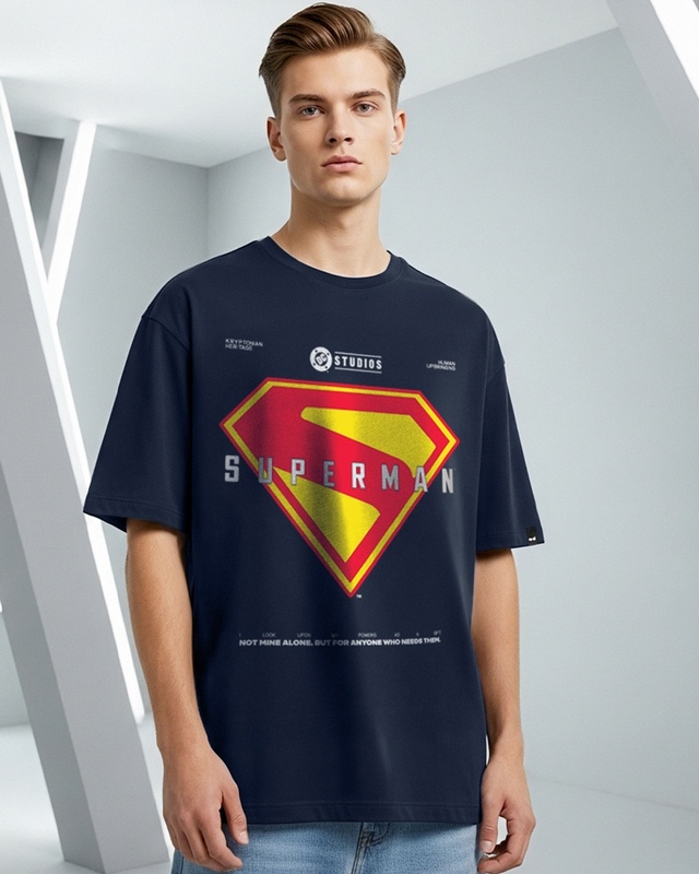 Shop Men's Navy Blue New Gen Graphic Printed Oversized T-shirt-Front