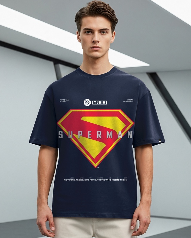 Shop Men's Navy Blue Superman Newgen Graphic Printed Oversized T-shirt-Front