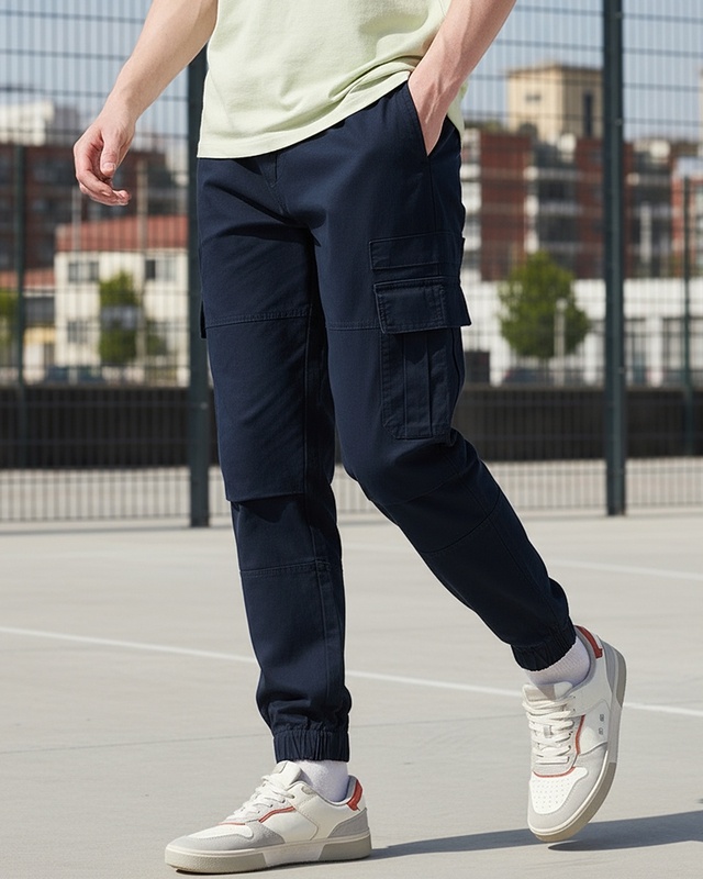 Shop Men's Navy Blue Oversized Cargo Jogger Pants-Front