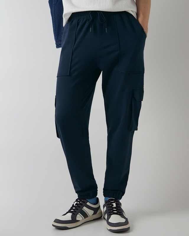 Shop Men's Navy Blue Oversized Cargo Joggers-Front