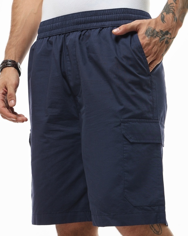 Shop Men's Navy Blue Oversized Cargo Shorts-Front