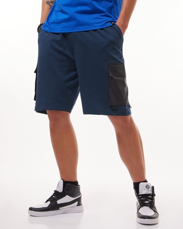 Shop Men's Navy Blue Color Block Oversized Cargo Shorts-Front