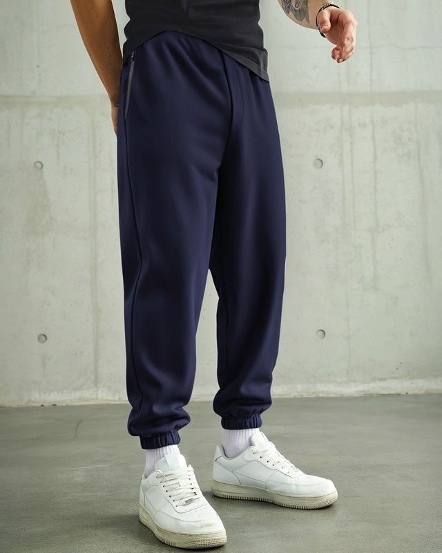 Shop Men's Navy Blue Oversized Joggers-Front