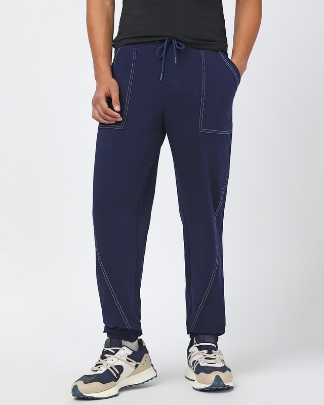 Shop Men's Navy Blue Oversized Joggers-Front
