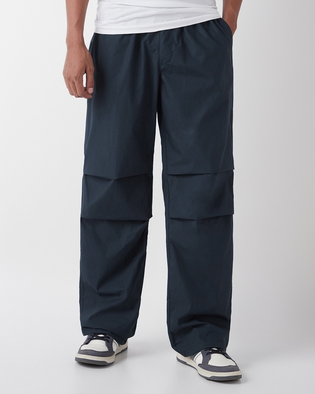 Shop Men's Navy Blue Oversized Parachute Pants-Front