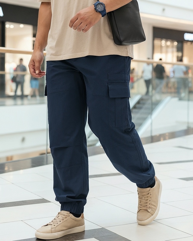 Shop Men's Navy Blue Oversized Plus Size Cargo Jogger Pants-Front