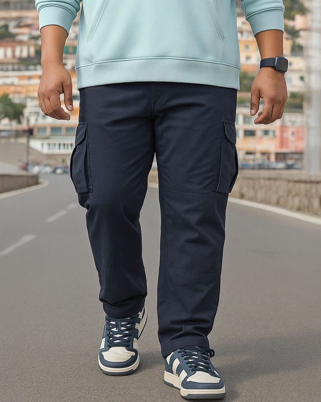 Shop Men's Navy Blue Plus Size Nylon Cargo Parachute Pants-Front