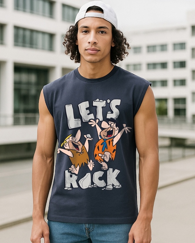 Shop Men's Navy Blue Rock N Roll Graphic Printed Boxy Fit Vest-Front