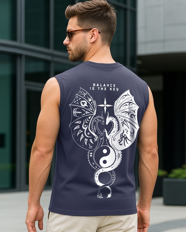 Shop Men's Navy Blue Seek Balance Graphic Printed Boxy Fit Vest-Front