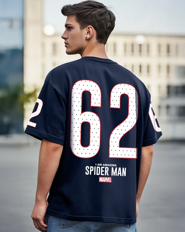 Shop Men's Navy Blue Spider Man Typography Oversized T-shirt-Front