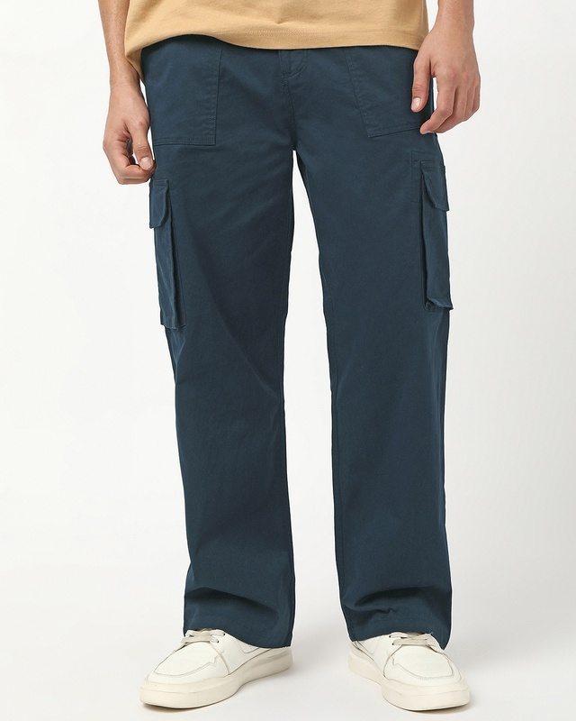 Shop Men's Navy Blue Straight Fit Cargo Pants-Front