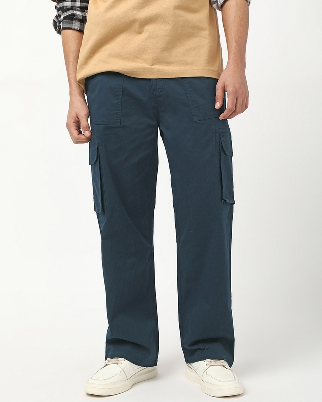 Shop Men's Navy Blue Straight Fit Cargo Pants-Front