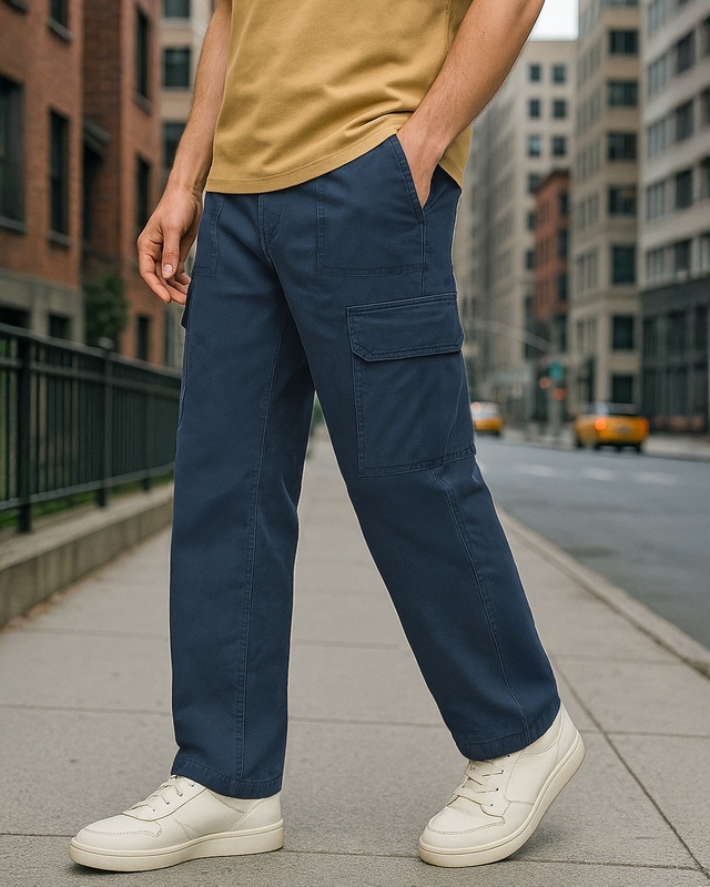 Shop Men's Navy Blue Straight Fit Cargo Pants-Front