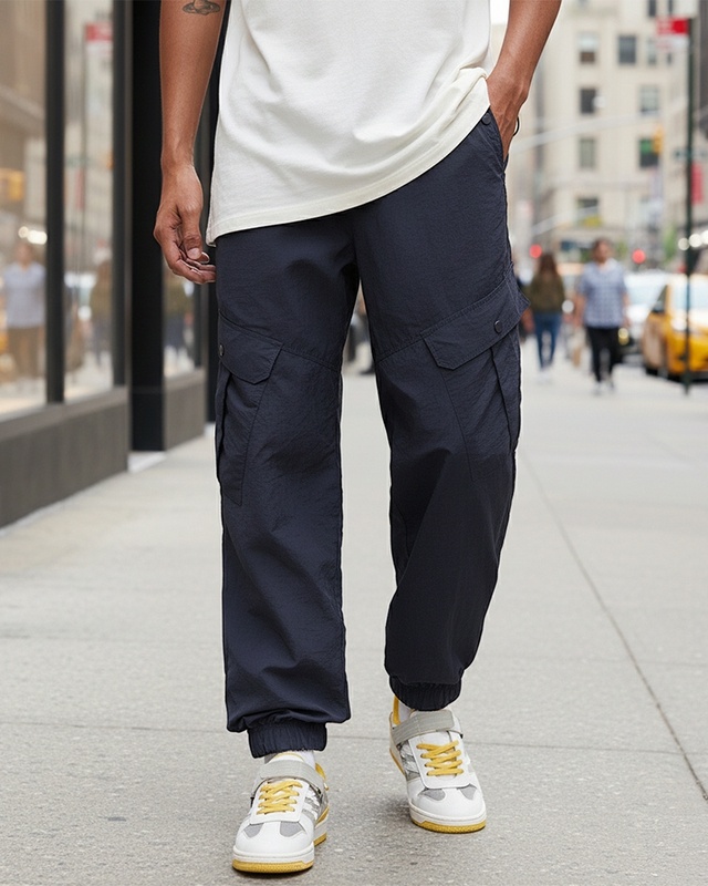Men's Navy Blue Super Loose Fit Nylon Cargo Jogger Pants-Front Bewakoof Shop Men's Navy Blue Super Loose Fit Nylon Cargo Jogger Pants-Front