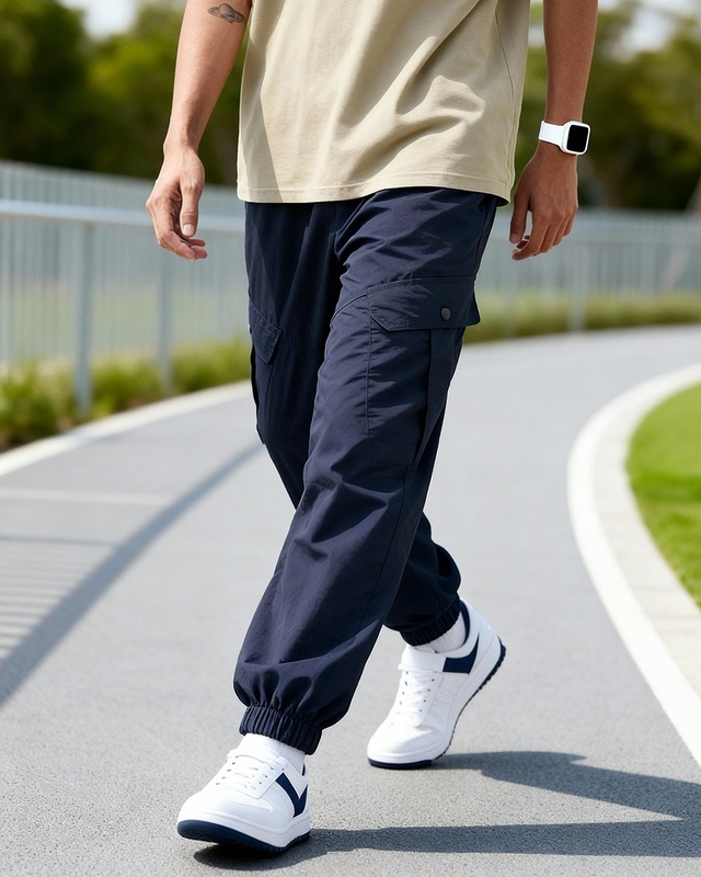 Shop Men's Navy Blue Super Loose Fit Nylon Cargo Jogger Pants-Front