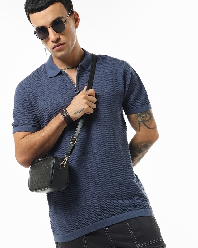 Shop Men's Navy Blue Textured Flatknit Polo T-shirt-Front
