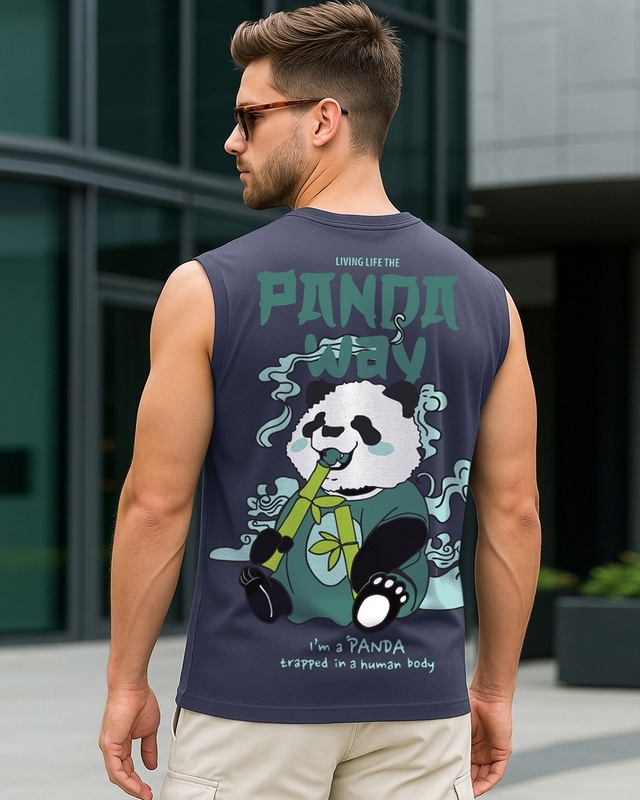 Shop Men's Navy Blue The Panda Way Graphic Printed Boxy Fit Vest-Front