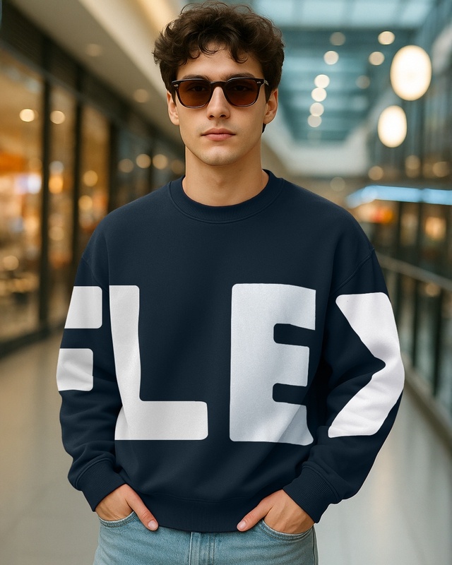 Shop Men's Navy Blue Typography Oversized Sweatshirt-Front