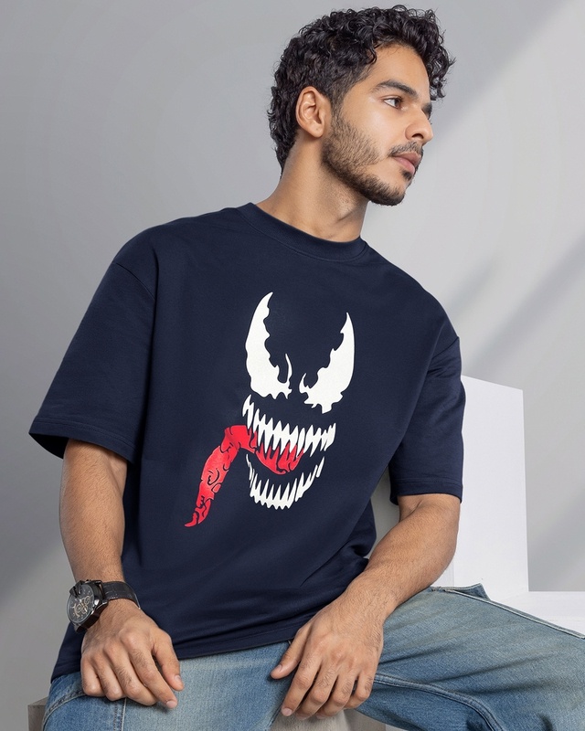 Shop Men's Navy Blue Venom Graphic Printed Oversized T-shirt-Front