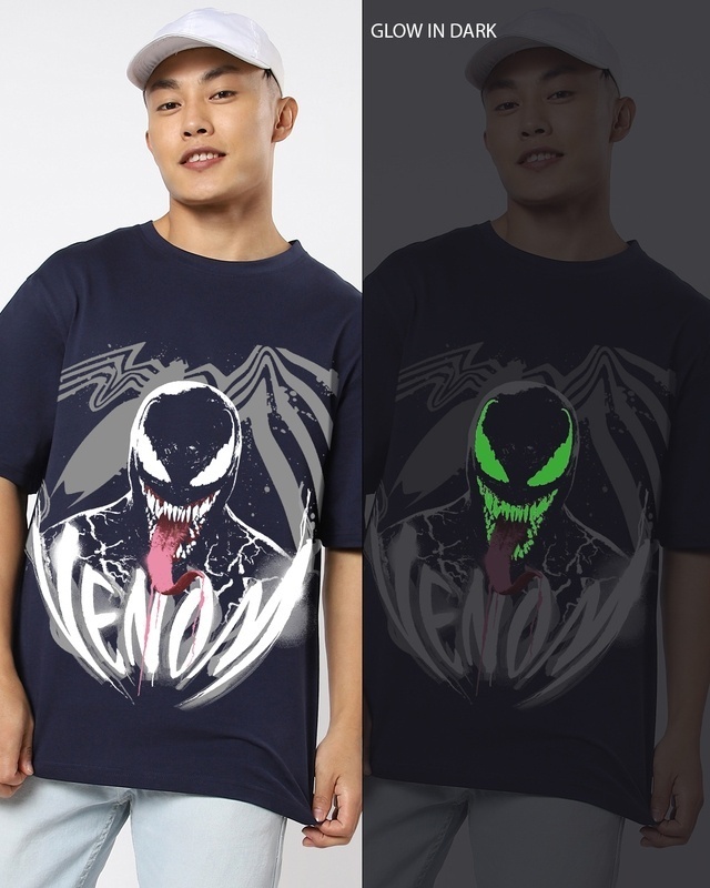 Men's Navy Blue Venom Graphic Printed Oversized T-shirt