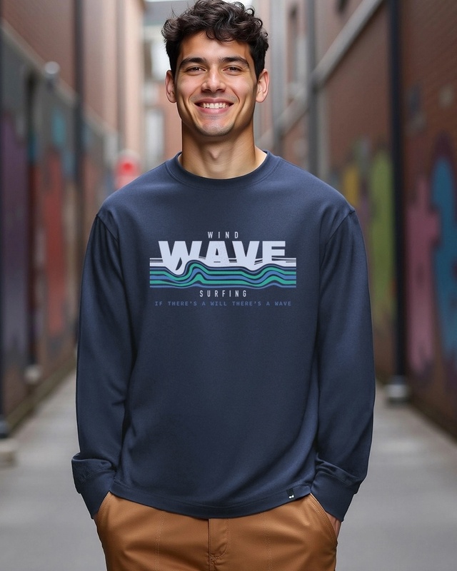 Shop Men's Navy Blue Wind Wave Typography Oversized T-shirt-Front
