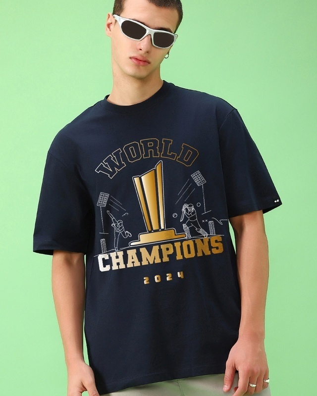 Shop Men's Navy Blue World Champion Graphic Printed Oversized T-shirt-Front