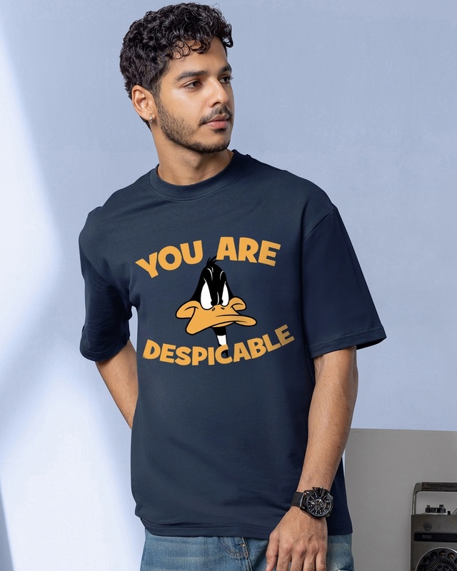 Men's Navy Blue You Are Despicable Graphic Printed Oversized T-shirt