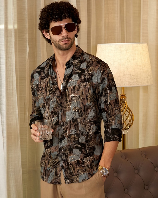 Shop Men's Obsidian Black & Brown All Over Printed Shirt-Front