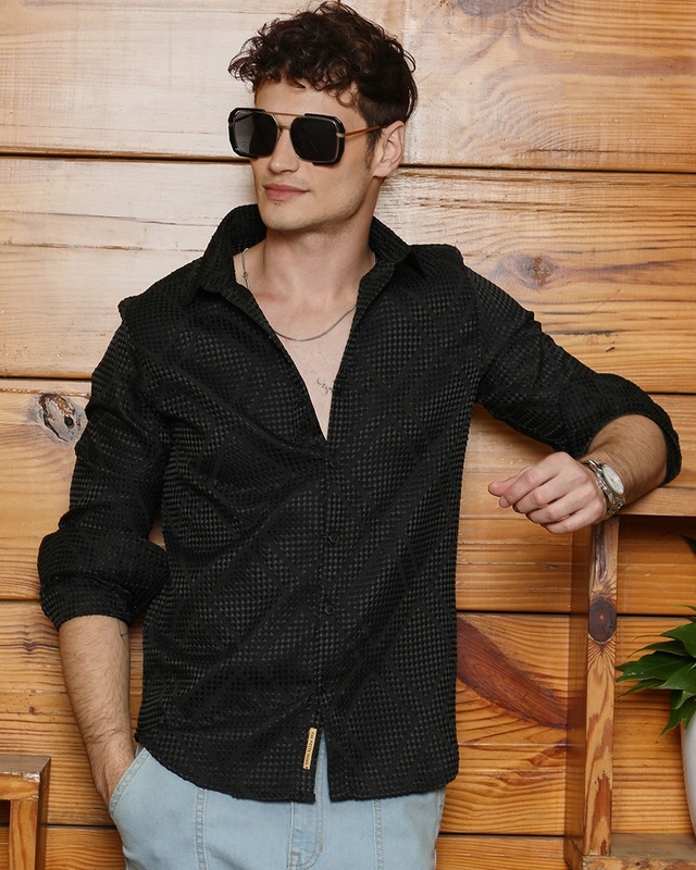 Shop Men's Obsidian Black Textured Shirt-Front