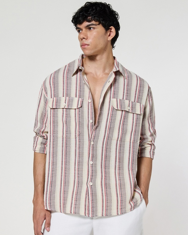 Shop Men's Off White & Dusty Pink Striped Oversized Shirt-Front