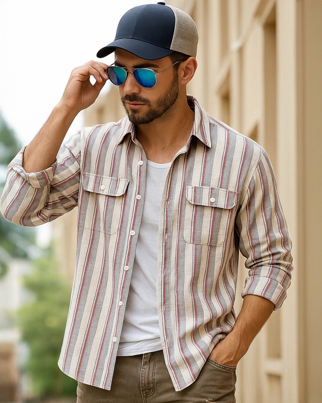 Shop Men's Off White & Dusty Pink Striped Oversized Shirt-Front