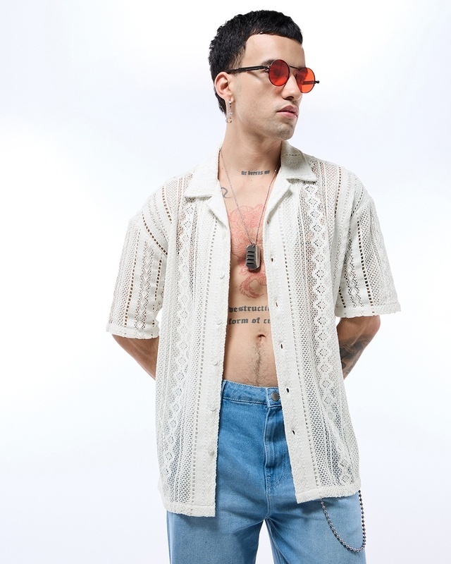 Shop Men's Off White Oversized Crochet Shirt-Front