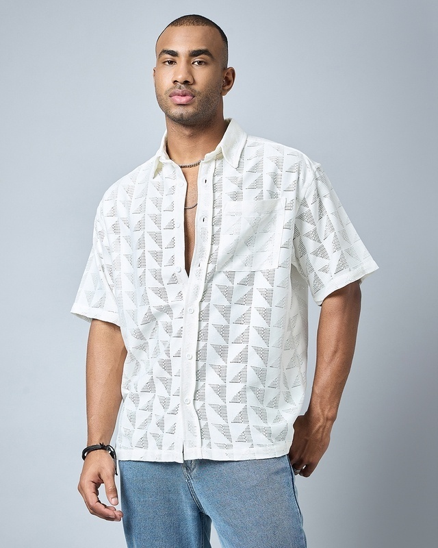 Shop Men's White Self Design Oversized Shirt-Front