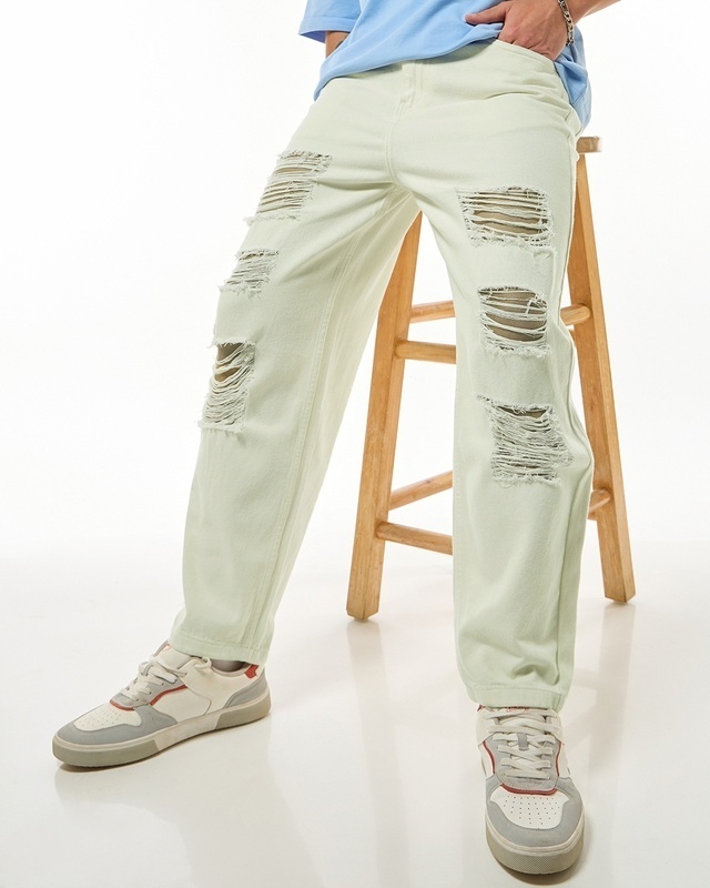 Shop Men's Off White Tapered Fit Distressed Jeans-Front