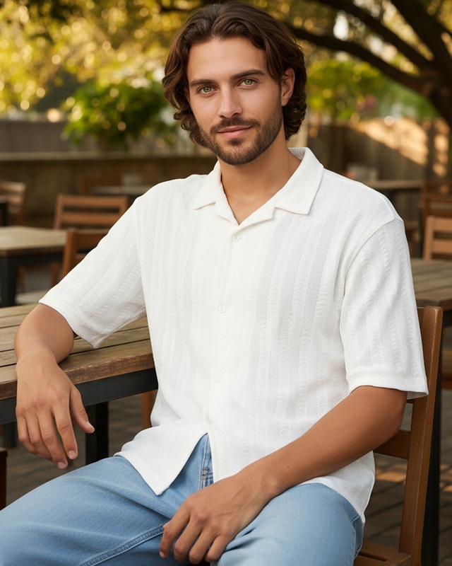 Men's White Textured Oversized Shirt-Front Bewakoof Shop Men's White Textured Oversized Shirt-Front