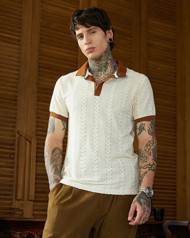 Shop Men's Off White Textured Polo T-shirt-Front