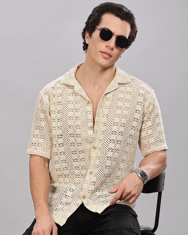 Men's Off White Relaxed Fit Crochet Shirt
