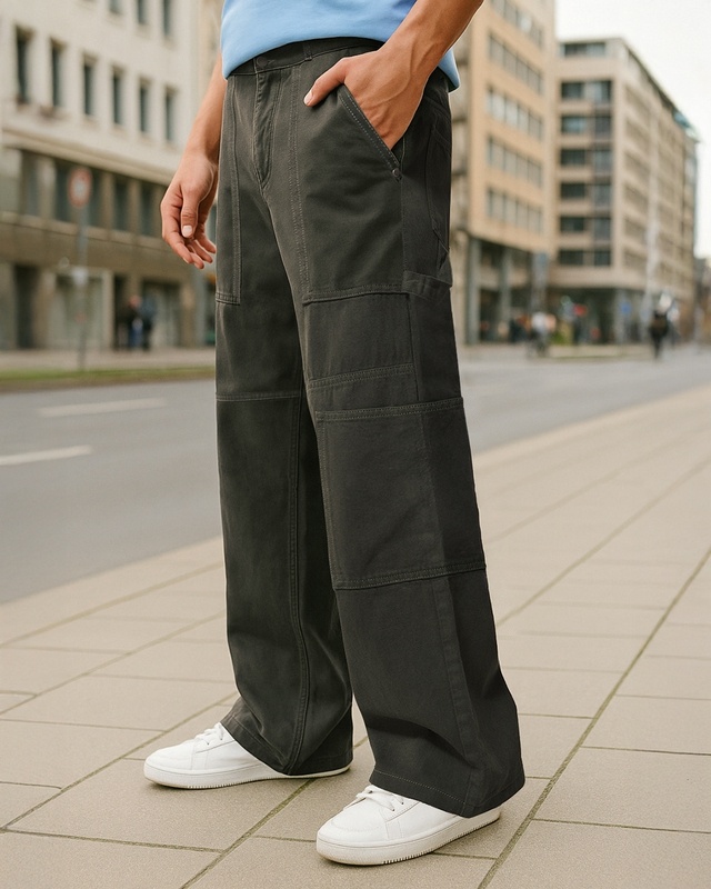 Shop Men's Olive Baggy Fit Carpenter Mid-Rise Jeans-Front