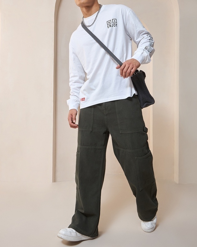 Shop Men's Olive Baggy Straight Fit Carpenter Jeans-Front