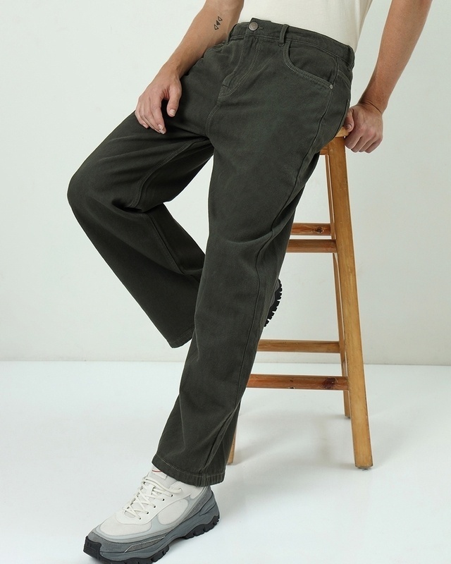 Shop Men's Olive Baggy Straight Fit Jeans-Front