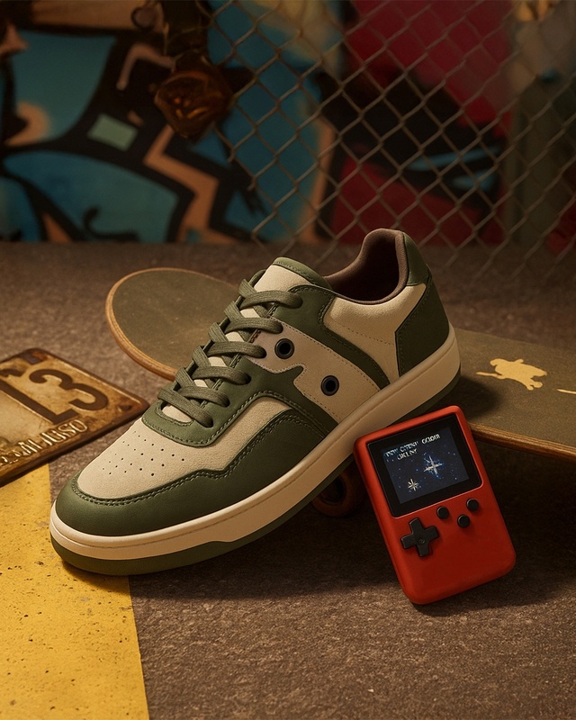 Shop Mens RetroMix Olive Groove Color Block Low Top Sneakers-Front