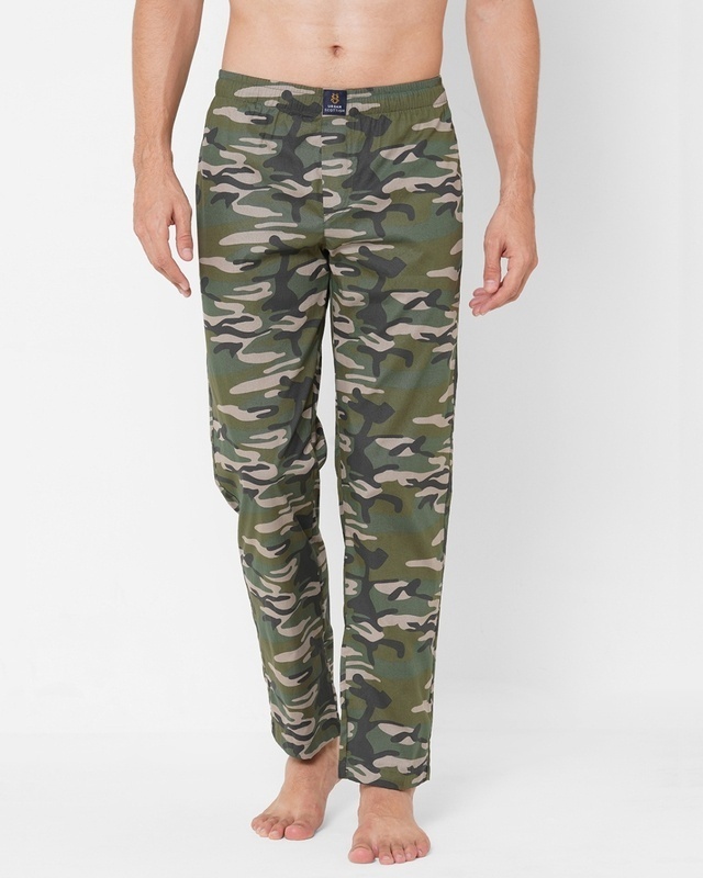 Shop Men's Olive Camouflage Cotton Lounge Pants-Front