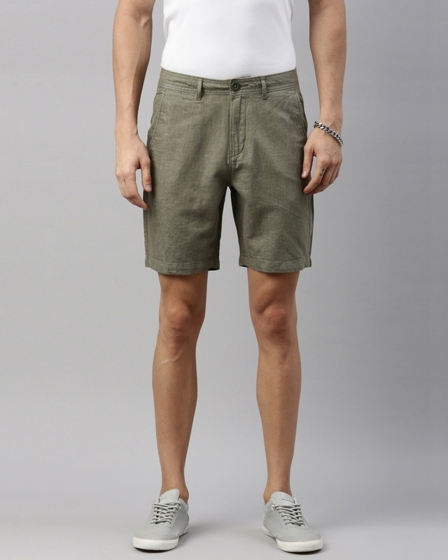 Shop Men's Olive Cotton Linen Shorts-Front