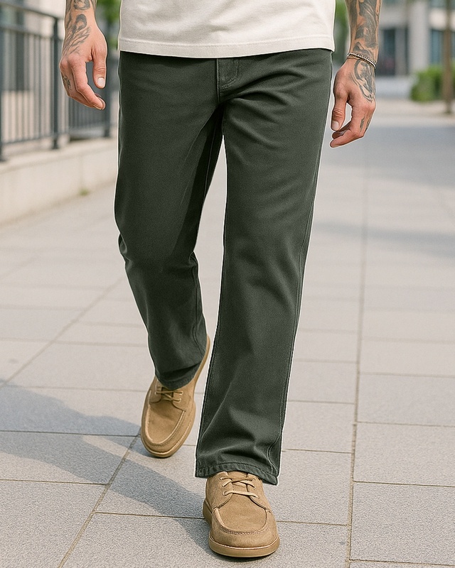 Men's Olive Green Baggy Fit Washed Mid-Rise Jeans