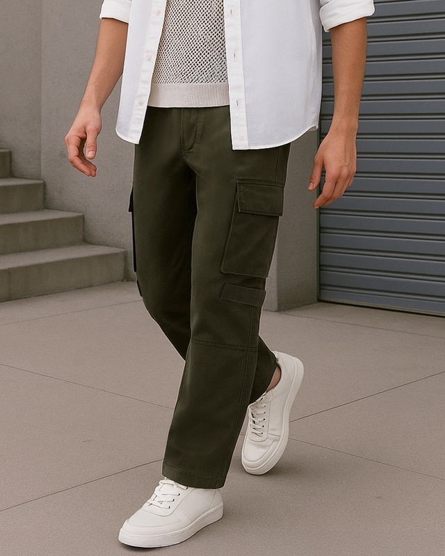 Shop Men's Olive Green Baggy Straight Fit Cargo Pants-Front