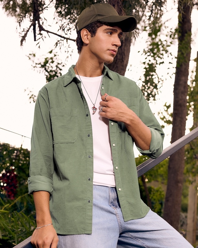 Men's Olive Green Corduroy Shirt-Front Bewakoof Shop Men's Olive Green Corduroy Shirt-Front