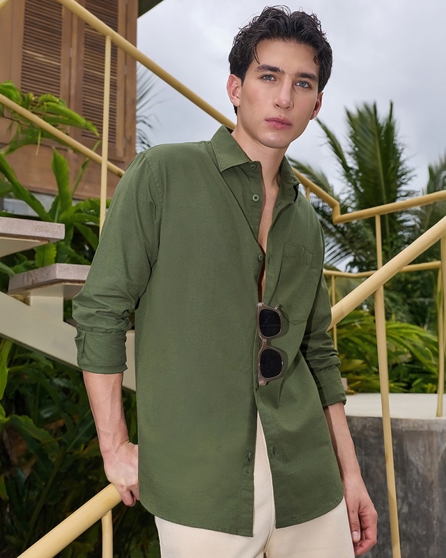Shop Men's Olive Green Cotton Linen Shirt-Front