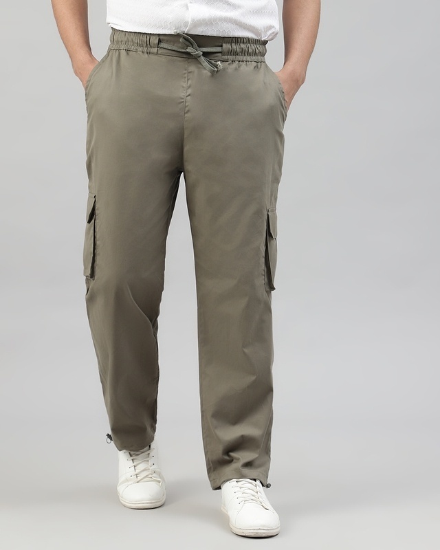 Shop Men's Olive Green Loose Comfort Fit Cargo Parachute Pants-Front