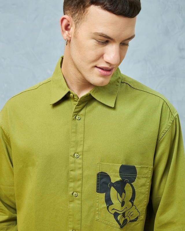 Shop Men's Olive Green Mickey Graphic Printed Oversized Shirt-Front
